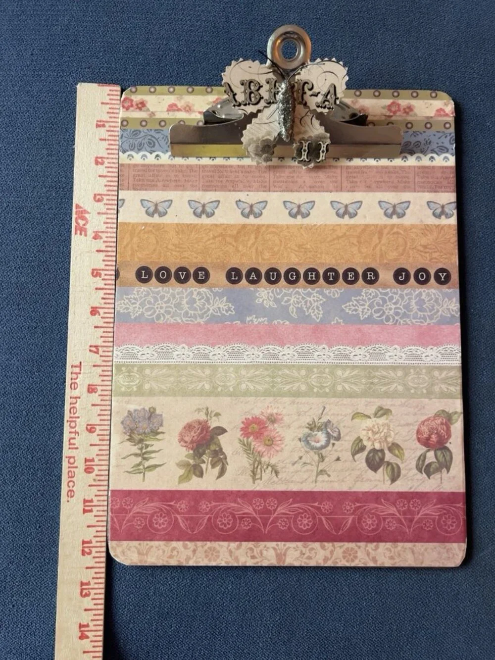 Handcrafted CLIPBOARD Upcycled Decopage Butterfly LOVE LAUGHER JOY 12 x 9